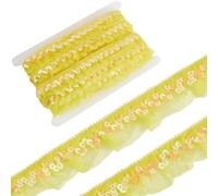 GORGECRAFT 11m Yellow Sequin Chiffon Lace Edge Trim Gathered Ruffle Elastic Organza Fabric Ribbon 3cm Pleated Mesh Stretch Fringe Trim for Cloth Craft Sewing Embroidered Wedding Party Decor