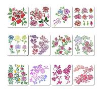 GORGECRAFT 12 Styles 18x18cm Rose Flowers Stencil Flowers Leaves Templates Floral Buds Rose Bouquets Vines Branches Leaf Pattern Square Plastic Stencils Sign for Painting on Canvas Scrapbooking Card