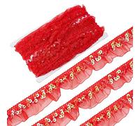 GORGECRAFT 13Yds Satin Organza Red Pleated Trim Lace Gathered Mesh Fabric Sequin Stretch Ruffled Ribbon 1-1/8" Elastic Edge Trim Fibre Edging Trimmings for Cloth Sewing Crafts Embroidered Applique