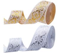 GORGECRAFT 14m x 3.3cm Jacquard Ribbon Metallic Ethnic Embroidered Woven Roll Double Side Boho Fabric Floral Sewing Webbing Wrapping Strap Trim for DIY Crafts Home Curtain Decor Gold Silver