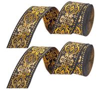 GORGECRAFT 14M x 3.3cm Jacquard Ribbon Metallic Gold Ethnic Embroidered Woven Satin Roll Double Side Boho Fabric Floral Sewing Webbing Wrapping Trim Fringe for DIY Crafts Home Curtain Decor