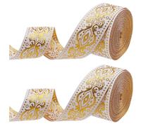 GORGECRAFT 14m x 3.3cm Jacquard Ribbon Metallic Gold Ethnic Embroidered Woven Satin Roll Double Side Boho Fabric Floral Sewing Webbing Wrapping Strap Trim for DIY Crafts Home Curtain Decor