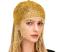 GORGECRAFT 1920s Beaded Cap Headpiece Belly Dance Cap Roaring 20s Flapper & Cleopatra Headpiece Tassel Rhinestone Wedding Bride Head Chain Great Hair Chain Gold Hat for Wedding Bridal Gatsby Party