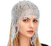 GORGECRAFT 1920s Beaded Cap Roaring 20s Flapper & Cleopatra Headpiece Tassel Rhinestone Cap Crystal Wedding Bride Head Chain Great Hair Chain Silver Hat for Gatsby Themed Party Decor