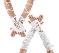 GORGECRAFT 2 Pairs 2 Styles White Lace Short Long Sleeves Glove Polyester Adjustable Punk Fingerless Ripped Fairy Arm Warmers Fingerless Elbow Lace up Steampunk Glove for Wedding Halloween Party