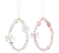 GORGECRAFT 2 Styles Beaded Phone Charms Strap Handmade Phone Lanyard Wrist Keychain Pink White Detachable Beads Cellphone Chain Sweet Strawberry Bowknot Heart Pearl Pendant Prevent Lose for Women