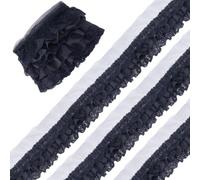 GORGECRAFT 2 Yards 11cm Wide Pleated Chiffon Lace Trim 3-Layer Black Ruffled Lace Ribbon Floral Embroidered Gathered Edging Trimmings Fabric with 5.5cm Width Tulle for DIY Sewing Craft Dress Decor