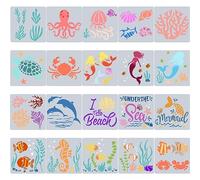 GORGECRAFT 20 Styles Ocean Creatures Stencils Mermaid Painting Template Seahorse Drawing Stencil 5x5 Reusable Dolphin Fish Coral Jellyfish Octopus Starfish Templates for Painting on Wood Diy Crafts