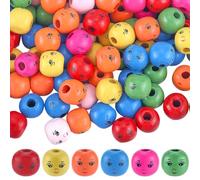 GORGECRAFT 200PCS Wood Loose Beads 13MM Colorful Natural Smile Face Spacer Ball Beads Round Wooden 4MM Hole Printed Bulk Smiling Doll Head Bead DIY Craft for Bracelet Necklace Jewelry Party Decor