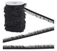 GORGECRAFT 20M 2-Layer Elastic Lace Trim 1.5cm Pleated Chiffon Ruffled Stretch Ribbon Gathered Lace Edge Trimming for Hair Tie Headband Wedding Gift Wrapping Sewing Crafts Home Decor Black