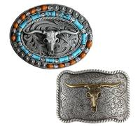GORGECRAFT 2Pcs 2 Styles Long Horn Bull Belt Buckles Vintage Native American Western Cowboy Turquoise Wooden Beads Texas Rodeo Buckle for 38mm Belt Men Women Costume Accessory Gifts Antique Silver