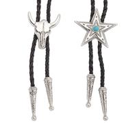 GORGECRAFT 2PCS 2 Styles Vintage Bolo Tie Western Cowboy Black PU Leather Adjustable Necktie Necklace Silver Cowhead Star Pendant Bola Ties Retro Rodeo Jewelry Costume Accessories for Men Women