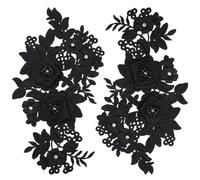 GORGECRAFT 2Pcs 3D Flower Lace Appliques Rhinestone Beaded Embroidered Sew on/Iron on Patch Black Floral Motif Cloth Collar Trim Patches for Wedding Bridal Dress Decor Clothing Pants Sewing DIY Crafts