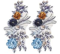 GORGECRAFT 2Pcs 3D Sequin Beaded Flower Appliques Blue Rhinestone Glitter Floral Embroidered Lace Sew on Patch Paillettes Collar Decoration for Clothing Wedding Sewing DIY Accessories