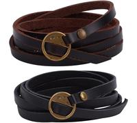 GORGECRAFT 2Pcs Cowhide Womens Black Leather Wrap Bracelet Stackable 5 Wrap Around Circle Genuine Leather Boho Vintage Punk 6mm Wristlet Cuff Long Strap Bracelets for Women Bracelet Handmade Jewelry