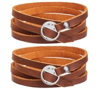 GORGECRAFT 2Pcs Multi-Layer Genuine Leather Wrap Bracelet Peru Stackable 5 Wrap Around Circle Cowhide Boho Vintage Punk 6mm Wristlet Cuff Long Strap Bracelets for Women Men Handmade Jewelry
