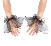 GORGECRAFT 2Pcs Short Wrist Cuff Pearl Gauze Lace Gloves Fingerless Ruffle Hand Sleeves Sexy Elastic Bracelet Costume Jewelry Accessory for Wedding Bridal Masquerade Tea Party Halloween Cosplay Black