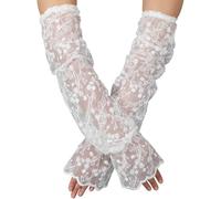 GORGECRAFT 2Pcs White Lace Arm Sleeves Polyester Mesh Ruched Ruffle Floral Flower Pattern Fingerless Detachable Tulle Bridal Long Arms Cover Sleeve for Wedding Event Dress Costumes Tea Party Women