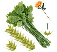 GORGECRAFT 30Pcs Floral Wire Stem with Leaves 30Pcs Artificial Flower Calyxes Set Plastic Floral Wire Bouquet Sepals Making Tools for Rose Arrangement Florist Supplies Wedding Party DIY Craft