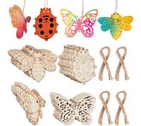 GORGECRAFT 32Pcs 4 Styles Wooden Cutouts Butterfly Ornaments Paintable Blank Unfinished Insect Moth Ladybug Animal Predrilled Wood Slices with 8Pcs Ropes for Crafts Home Christmas Summer Hanging Decor