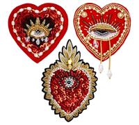 GORGECRAFT 3Pcs 3 Styles Evil Eye Heart Beaded Patches Red Love Rhinestone Applique Glitter Sequin Pearl Sew on Crystal Embroidered Patch for Clothing Jeans Jackets Handbag Shoes DIY Decor Repair