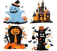 GORGECRAFT 4Pcs 16CM Halloween Window Clings Plastic PVC Holiday Ghosts Castles kins Tombstones Dead Tree Bats Spiders Mice Window Decoration Sticker for Windows Door Home Room Party Supplies