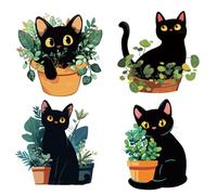 GORGECRAFT 4Pcs 16cm Potted Plant Window Decal Black Cat Static Sticker Round PVC Removable Decorative Sliding Door Window Non Adhesion Anti-Collision Alert Cling for Stop Birds Dogs Pets Strikes