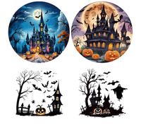 GORGECRAFT 4Pcs 16cm Scary Halloween Window Stickers Night Castle Bat Pumpkin Ghost Removable Non Adhesive Round Black Glass Window Decals Cling Vinyl Alert Film for Home Office Decorations