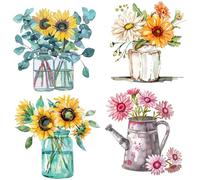 GORGECRAFT 4Pcs 16CM Sunflower Window Sticker Plastic PVC Spring Summer Yellow Flower Floral Sunflowers Vase Non Adhesive Round Window Clings for Windows Door Home Room Party Decors Supplies