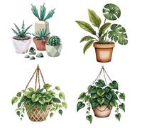 GORGECRAFT 4Pcs 16x16cm Potted Plants Window Clings Cactus Green Leaves Greenery Hanging Plants Spring Glass Window Decals Anti-Collision Reusable Static Sticker Film for Sliding Doors Decor