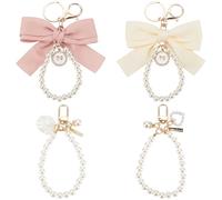 GORGECRAFT 4Pcs 4 Styles Pearl Chain Bow Keychains White Faux Pearls Chain Wristlet Key Chains with Gold Swivel Clasp Backpack Key Pendant Charm Accessories for Key Ring Charm Purse Lanyard Strap Gift