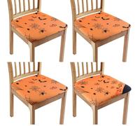 GORGECRAFT 4PCS Halloween Dining Room Chair Seat Slipcovers Pumpkin Bat Spider Web Removable Washable Covers Orange Polyester Upholstered Chair Protector Cushion Cover for Kitchen Home Office Party