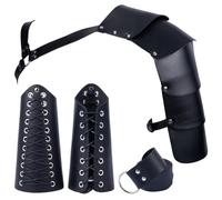 GORGECRAFT 4PCS Medieval Costume Accessories Men Adjustable Buckle Strap Single Shoulder Leather Armor PU Black Leather Arm Guards Tie Knot Belt Kit Retro Halloween Knight Warrior Cosplay Outfit