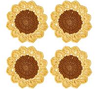 GORGECRAFT 4Pcs Sunflower Coasters Handmade Crochet 4.72 Inch Spring Summer Yellow Flowers Drink Coaster Rustic Floral Cup Mat for Drinks Coffee Table Desk Mugs Cups Home Kitchen Party Supplies