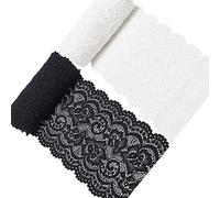 GORGECRAFT 5 Yards 2 Rolls 4 Inch Wide Stretch Elastic Lace Ribbon White Black Floral Rose Pattern Trim Fabric for DIY Sewing Craft Costume Hat Hair Band Tablecloth Wedding Decoration Supplies