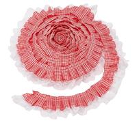 GORGECRAFT 5 Yards Chiffon Plaid Ribbon 1.6 Inch Gingham Ruffle Pleated Lace Edge Trim Checkered Gathered Mesh Ribbon Fabric Red Embroidered Tulle Applique Edge Trimming for DIY Sewing