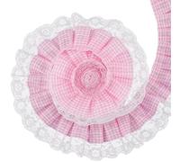 GORGECRAFT 5 Yards Pink Gingham Pleated Chiffon Lace Trim Gathered Checkered Taffeta Buffalo Plaid Woven Ribbon 6.3cm Organza Mesh Ruffle Fabric Embroidered Applique Edging Trimming for DIY Sewing