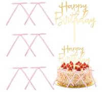 GORGECRAFT 5Pcs Gold Happy Birthday Cake Topper Acrylic Food Picks Sign Cupcake Topper Decoration Set with 30Pcs Pink Polyester Lace Bowknots for Celebrating Anniversary Shower Party Supplies