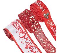GORGECRAFT 6 Rolls 3 Styles Christmas Ribbon 12m Red Wired Edge Xmas Ribbon Mesh Sequins Merry Christmas Holly Leaves Snowman Printed Polyester Fabric Trim for Gift Wrapping Bow Wreath Decorations