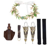 GORGECRAFT 8Pcs 6 Styles Renaissance Fairy Costume Women Set Brown PU Leather Vintage Medieval Viking Cosplay Belt Flower Headband Lace Gloves Socks Pouch Coin Purse Accessories for Halloween Party