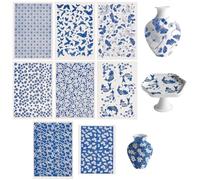 GORGECRAFT 8Pcs 8 Styles Underglaze Transfer Paper Flower Leaf Fish Butterfly Pattern Ceramic Clay Porcelain Blue Under Glaze Enamel Waterslide Transfers Decal for Pottery Art DIY Craft