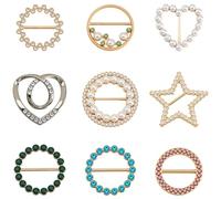 GORGECRAFT 9Pcs 9 Styles Scarf Ring Clip Metal Alloy Round Heart Star Imitation Pearl Rhinestone Clothes Corner Knotted Button Buckle Brooch Pins for T Shirt Sweater Shawl Ties Women
