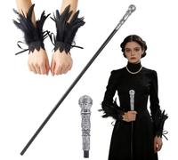 GORGECRAFT Evil Queen Costume with Halloween Cosplay Antique Cane 146.6cm Vintage Walking Stick Silver Top Handle Knob and 1 Pair Black Women's Gothic Lace Feather Gloves for Themed Events Stage Show