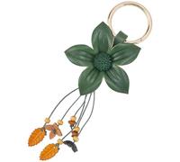 GORGECRAFT Genuine Leather Floral Keychain Dark Green Bloom Flower Leaf Tassel Boho Aesthetics Alloy Ring Charm Pendants Key Chains Accessories for Car Keys Wallet Bags Purse Rings DIY Decoration