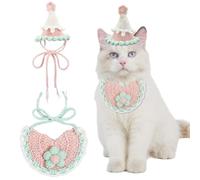 GORGECRAFT Knitted Pet Hat Pink Cotton Knit Flowers Cats Dogs Bandana Scarf Birthday Party Costume Headwear Accessories with Adjustable Strap for Christmas Halloween Puppy Kitten Small Animals
