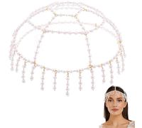 GORGECRAFT Pearl Bead Headpiece Head Chain White Plastic Vintage Gold Bridal Jewelry Roaring 1920s Gatsby Flapper Crown Caps for Wedding Costume Art Deco Party Women Hair Accessories
