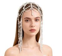 GORGECRAFT Pearl Head Chain White Plastic Beaded Roaring 1920s Great Gatsby Flapper Cap Headpiece Party Carnival Cleopatra Hair Accessories for Wedding Art Decor Women