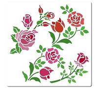 GORGECRAFT Rose Flowers Stencil 18x18cm Floral Bud Vine Branch Leaves Pattern Templates Reusable Square Plastic Painting Stencils Sign for Notebook Scrapbooking Card Decor Home DIY Drawing Tool