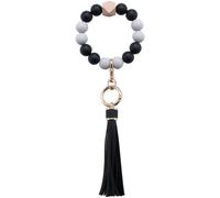 GORGECRAFT Silicone Key Ring Bracelet Wristlet Keychain Black Beaded Bangle Key Chains with Leather Tassel for Women Valentine's day Thanks giving day, 250mm (3-Colour Mixing)