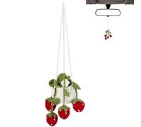 GORGECRAFT Strawberry Car Ornament Green Red Wool Woven Flower Plant Basket Handmade Crochet Knitted Potted Mirror Hanging Pendant Decorations for Cars Interior Aesthetic Accessories